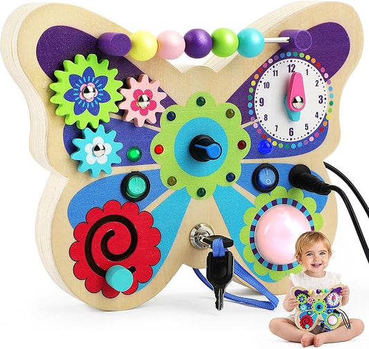 TOY Life Montessori Busy Board, Wooden Butterfly Sensory Board Toys for Toddlers with LED Light Up Switchs, Baby Fidget Boards Travel Toys, Christmas Birthday Gifts for 1+ Year Old Girls Boys