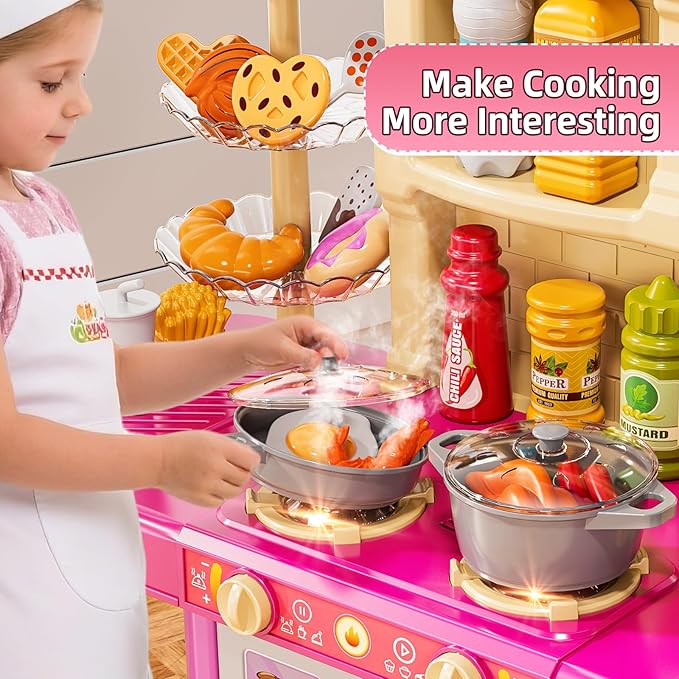 Play Kitchen Playset, Girls Kitchen Toys for Ages 2-6 4-8 with Light, Sound and Spraying, Sink Toy Accessories, Cooking Stoves, Pretend Food for Toddlers 1-3 3-5
