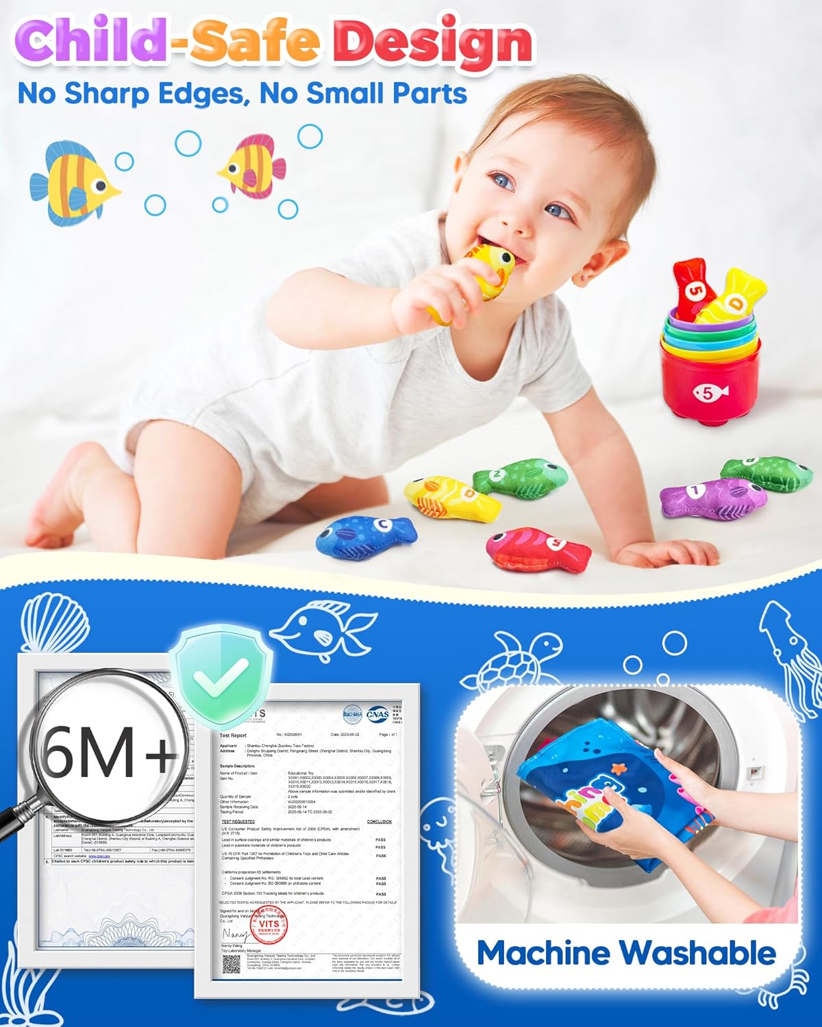 Montessori Toys for 1 Year Old, Toddler Fishing Game with Stacking Cups, Learning Educational Toys for 1 2 Year Old Boy Girl Birthday Gifts, Baby Toy 12-18 Months, Sensory Sorting Toy for Toddlers 1-3