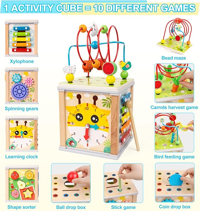 Wooden Activity Cube | 10-in-1 Montessori Toys | Multipurpose Baby Educational Developmental Toy | Bonus Shape sorter & Ball Coin Stick Drop Game | Birthday Gift for Baby Boys Girls