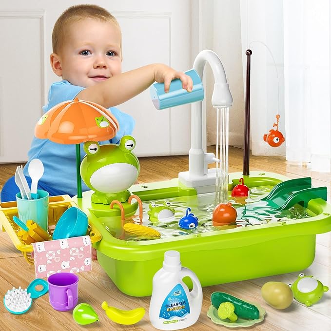 Play Sink with Running Water, Kitchen Play Sink Toy with Electric Faucet, Play Kitchen Accessories, Floating Pool Toys & Fishing Game, Kids Pretend Play-Dishwasher Play Set for Boys Girls Toddlers