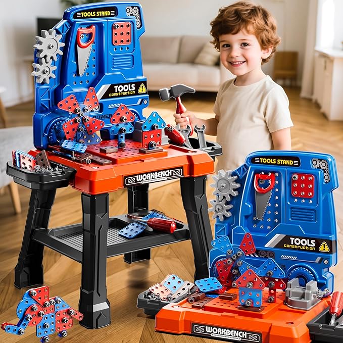 Kids Tool Toy Playset with Electronic Drill Sound for Aged 3 4 5 6 7 8, Workbench Toys for Toddlers 3-5, Pretend Play Tool Box, Construction Mechanic Set, Birthday Gift for Boys Girls Ages 3-8