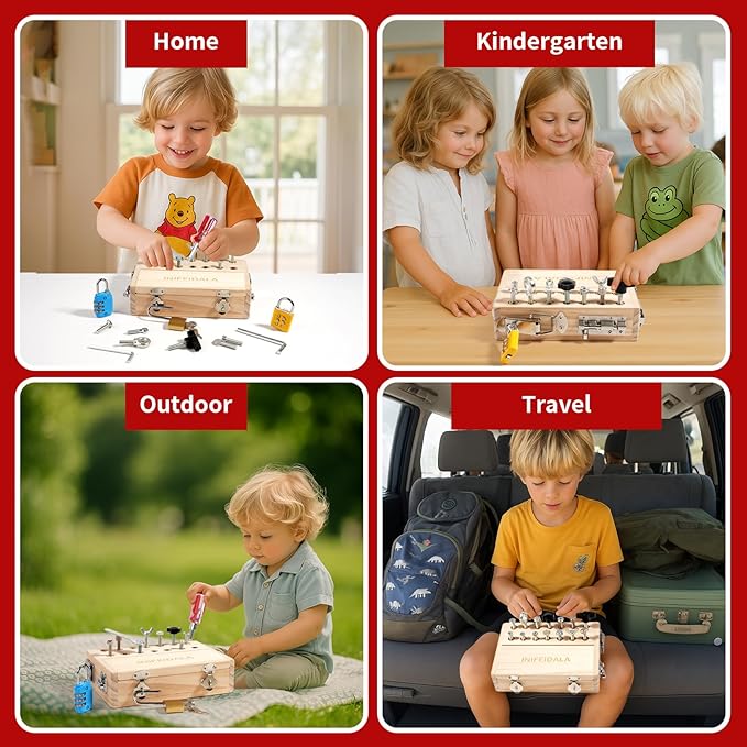 Montessori Busy Board Toddler Toys for Ages 3+ - Wooden Sensory Latches Board with Lock & Key & Kid Tool Screwdriver Set, Preschool Educational Toy - Fine Motor Skills - STEM Learning Toys