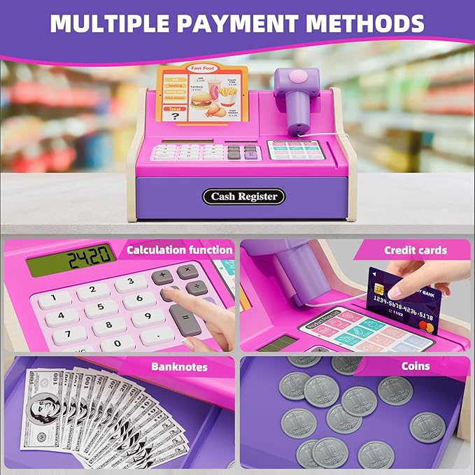 Kids Cash Register Toys, Rechargeable Wooden Toddler Pretend Play Supermarket & Fast Food Restaurant, Cashier Toy with Play Money, Pretend Food, Birthday Gifts for Kids Boy & Girl Age 4-8, Pink