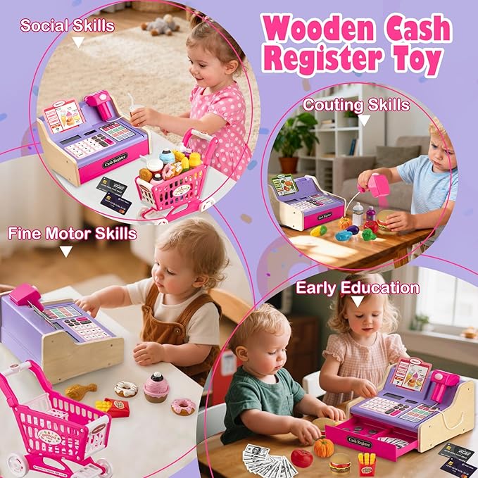 Wooden Cash Register for Kids with Shopping Cart Rechargeable Kid Cash Register with Scanner Gift for Kids Age 3 4 5 6 7 8 9 Year Old Pretend Play for Toddlers Toys for 3-12 Year Old Girls