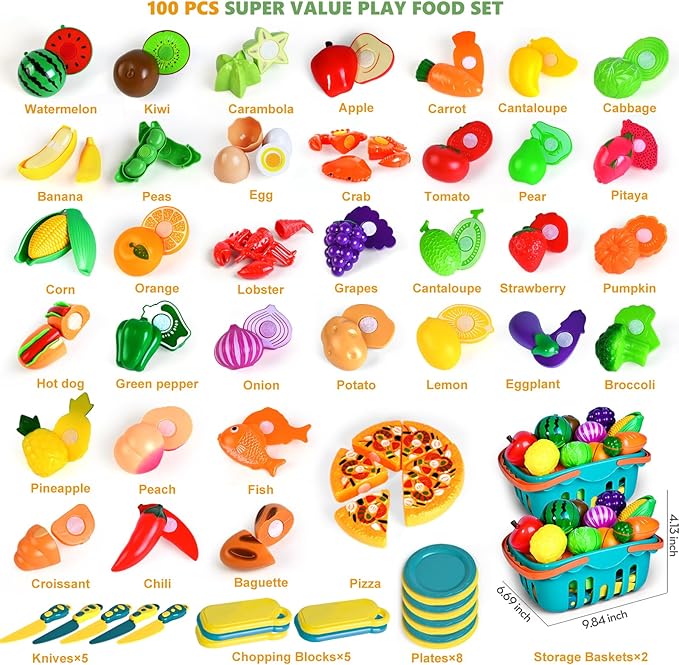 100 Pcs Play Food Set for Kids Kitchen, Pretend Food Toy for Toddlers Age 1-3, Plastics Cutting Fake Food/ Fruit/ Vegetable Accessories with 2 Baskets, Birthday Gifts for 2 3 4 5 Years Old Boys Girls