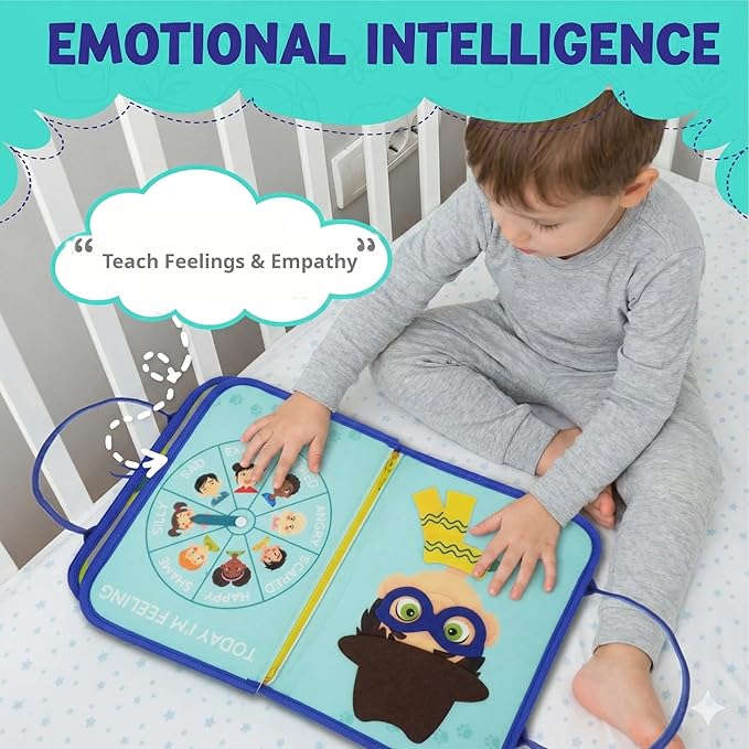 Montessori Busy Board Book for Toddlers 2-5 - Sensory Travel Toy for Airplane & Car Activities - Educational Quiet Book with Emotions, Numbers & Colors - Speech Therapy & Autism Learning Gift