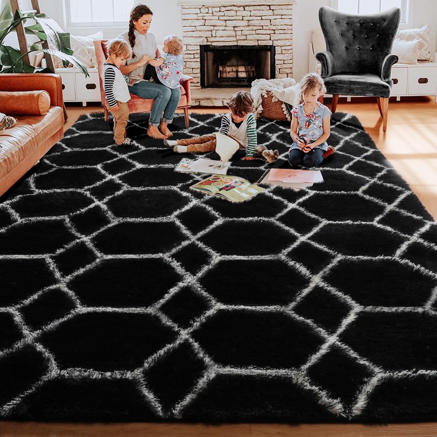 ONASAR 6x9 Area Rugs for Living Room Bedroom, Washable Large Fluffy Black and White Throw Rug, Geometric Soft Plush Shaggy Floor Carpet for Nursery Kids Girls Boys Teen Dorm Home Decor Aesthetic