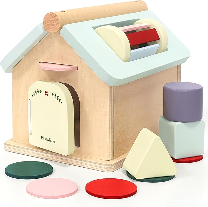 Wooden Montessori Toys for Babies 12 Months, Wooden Baby Drop Toys, 5 in 1 Object Permanence Box, Shape Sorting and Stacking Learning Toy, Gift for Toddlers Boys Girls 1 Years