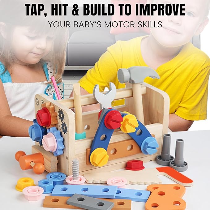 RAISUL Wooden Tool Set for Kids – 35 Pieces Wooden Toddler Tool with Box – Montessori STEM Educational Pretend Play Construction Toy for 3 to 13 Year Old Boys Girls – Best Birthday Gift