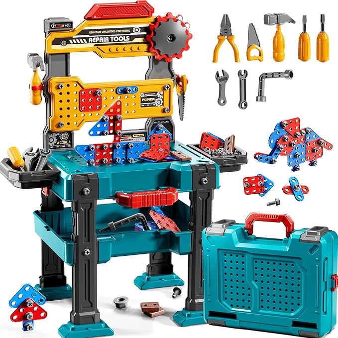 Kids Tools Toy Sets for Aged 3 4 5 6 7 8, 2 in 1 Workbench Toys for Toddlers 3-5, Pretend Play Toolbox, Construction Mechanic Set with Sound, Educational Birthday Gift for Boys Girls Ages 3-8