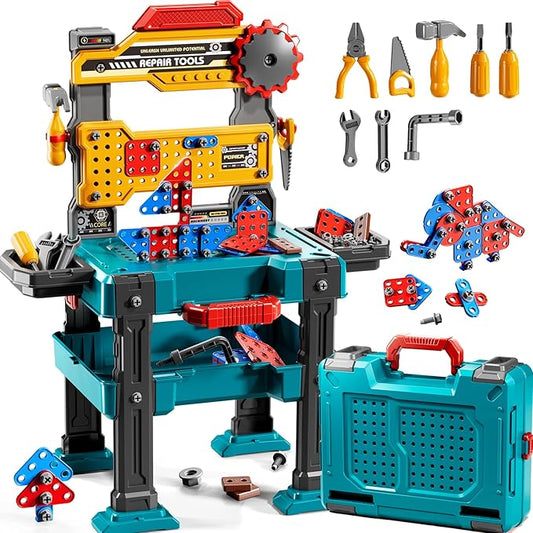 Kids Tools Toy Sets for Aged 3 4 5 6 7 8, 2 in 1 Workbench Toys for Toddlers 3-5, Pretend Play Toolbox, Construction Mechanic Set with Sound, Educational Birthday Gift for Boys Girls Ages 3-8
