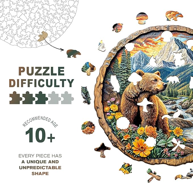 Wooden Puzzles for Adults, Majestic Bear Jigsaw Puzzles with Unique Animal Shape, Wood Challenging Puzzles Ideal for Adults, Christmas Birthday Gifts for Family Puzzle Game Lovers, 8.5"x8.2"- 100pcs
