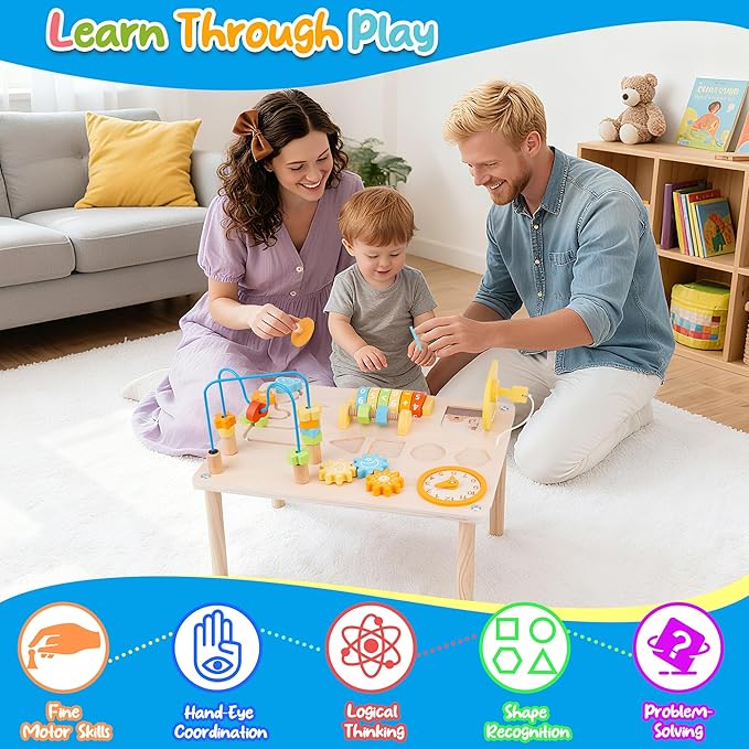 ATOYUS Activity Table for 1 2 Year Old, Wooden Montessori Toys Activity Center for Toddlers 1-3 Boys Girls, 8 in 1 Kids Sensory Game Play Table, 1st 2nd Christmas Birthday Gifts for 12 Months+ Baby
