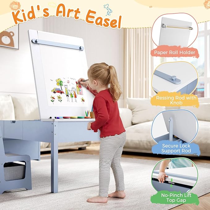 5-in-1 Kids Art Table and Chairs, Wood Toddler Table and Chair Set with Storage Drawers, Craft Play Desk for Kids, Convertible Art Easel with Paper Roll Holder, Children Activity Learning Center-Blue