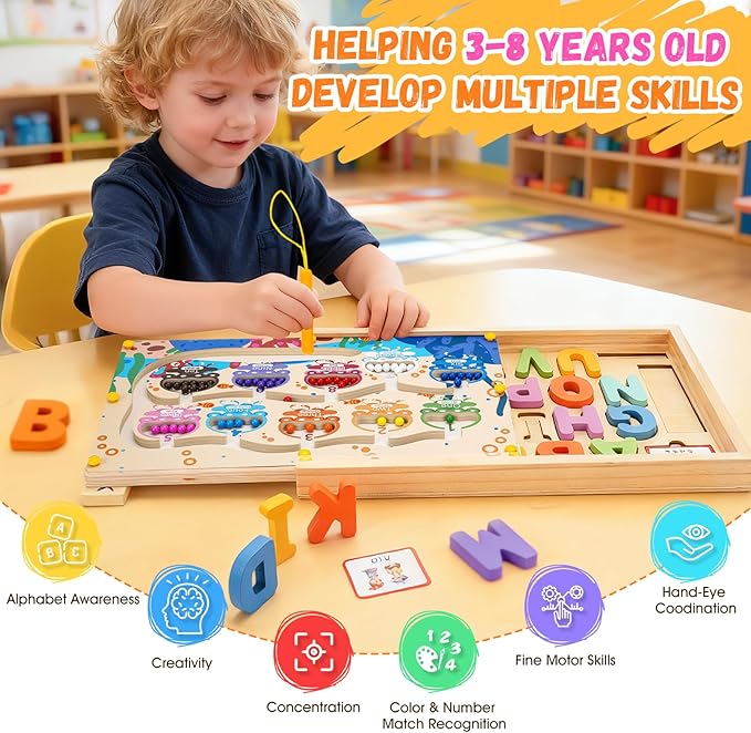 4 in 1 Wooden Montessori Toys with Storage Box for 3-5 Year Old- Magnetic Color and Number Maze, Alphabet Puzzles, Drawing Board, Toddlers Educational Learning Toy Gift for Kids Boys Girls