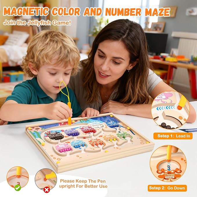 4 in 1 Wooden Montessori Toys with Storage Box for 3-5 Year Old- Magnetic Color and Number Maze, Alphabet Puzzles, Drawing Board, Toddlers Educational Learning Toy Gift for Kids Boys Girls