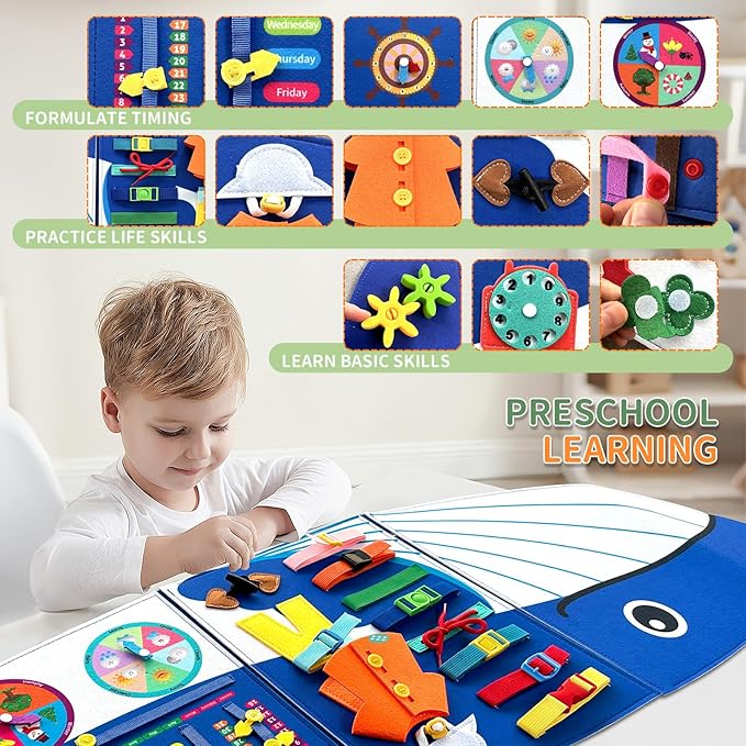 Whale Montessori Busy Board Toddler Busy Board, Activities Foldable Montessoris Toys for 3+ Years Old Wall Panel