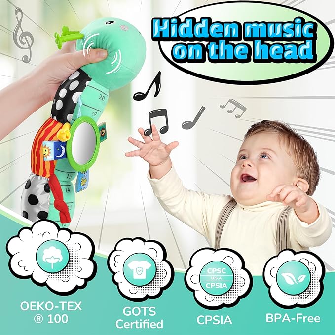 LIGHTDESIRE Baby Toys 6-12 Months Musical Caterpillar,Infant Toys 0-6 Months Sensory Toy with Ruler Design,Mirror,Pull String,Crinkle&Rattles,Baby Teething Toy for Tummy Time Boy Girl Gifts (Ice Blue)