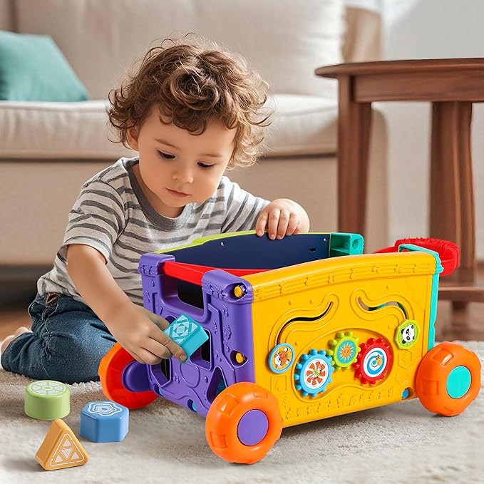 Baby Walker Musical Push Toy for Toddlers 18+ Months - Educational Activity Wagon with Building Blocks, Learning Walking Assistant with Adjustable Handle for Baby Boys & Girls