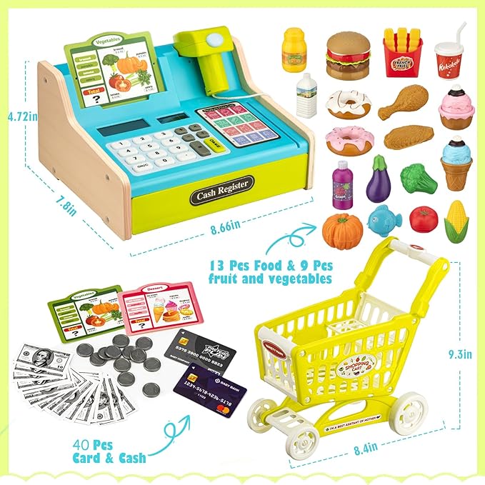 Wooden Cash Register for Kids with Shopping Cart Rechargeable Kid Cash Register with Scanner Gift for Kid Age 3 4 5 6 7 8 9 Year Old Pretend Play for Toddlers Toys for 3-12 Year Old Kids