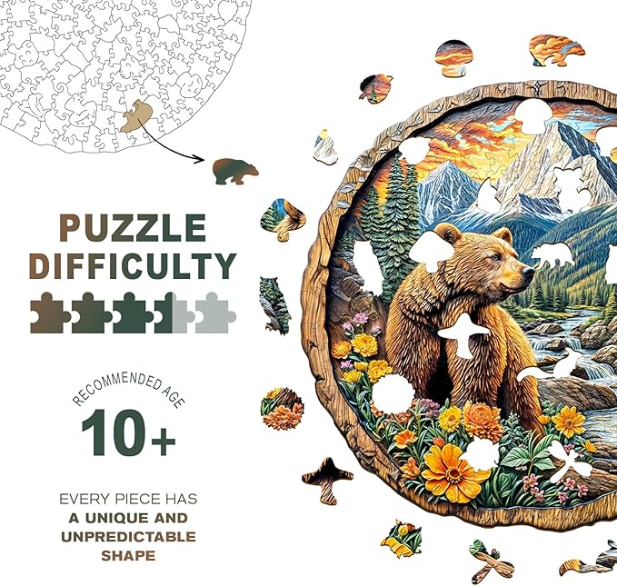 Wooden Puzzles for Adults, Majestic Bear Jigsaw Puzzles with Unique Animal Shape, Wood Challenging Puzzles Ideal for Adults, Christmas Birthday Gifts for Family Puzzle Game Lovers, 11.4"x11" - 200pcs