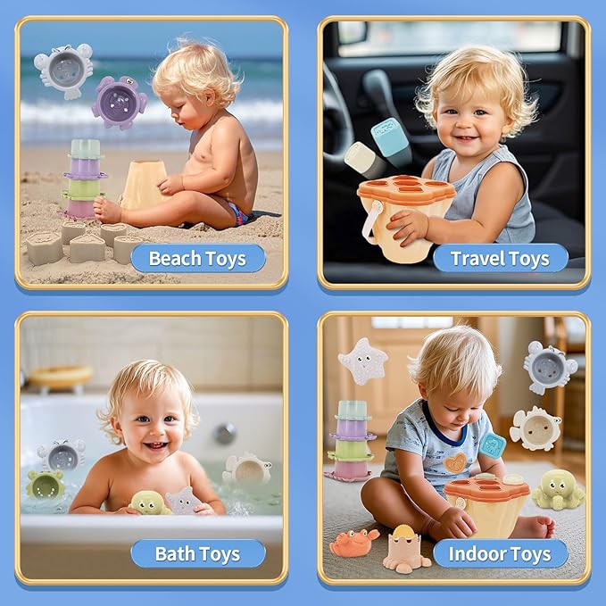 Stacking Toy for Toddler 1-3, 4 in 1 Montessori Sensory Toys, Shape Sorter for Sand Bath Play, Infant Learning Color Sorting Toy for Fine Motor Skills, Birthday Gift for Baby Boys Girls 1 2 3