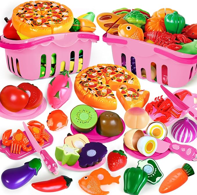 100 Pcs Play Food Set for Kids Kitchen, Pretend Food Toy for Toddlers, Play Kitchen Toys Accessories with 2 Baskets, Cutting Fake Food/Fruit/Vegetable, Christmas Birthday Gifts for Boys and Girls