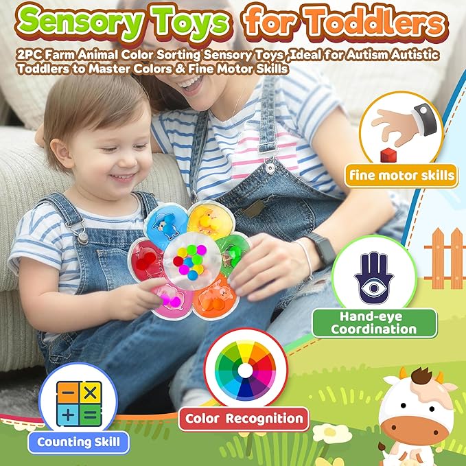 2PC Color Sorting Sensory Toys for Toddler Girls, Farm Animal Classroom Learning Activities Roadtrip Travel Essential Dementia Fidget Montessori Matching Game Valentine Gifts for Kids Boys Aged 2 3 4