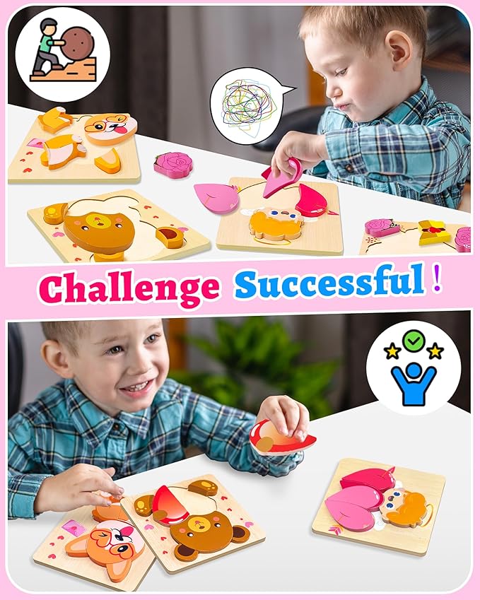 Yetonamr Valentines Wooden Puzzles Gifts for Kids, 4 Pack Toddler Valentine Day Toys for Boys Girls, Valentine Gifts for Kids Classroom, Montessori Toys Valentines Day Party Favors