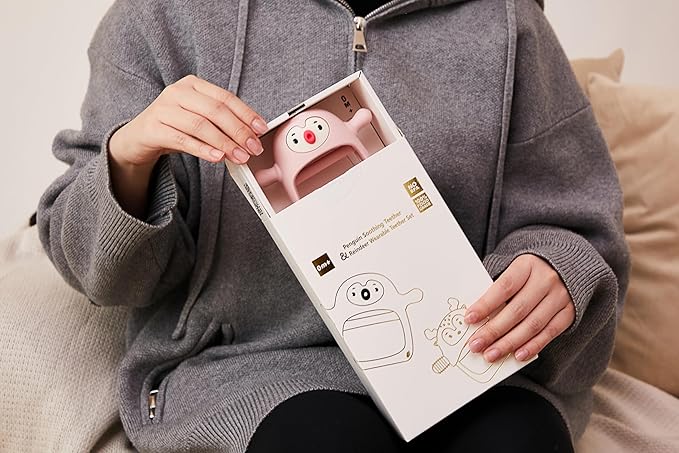 Smily Mia Baby Teething Toy |Penguin Teether for 0-6Months |Reindeer Baby Chew Toys for 3m+, Soft Silicone Hand Teether |Teething Mitten for Teeth Pain Relief, Newborn Essentials Gift Box, Light Pink