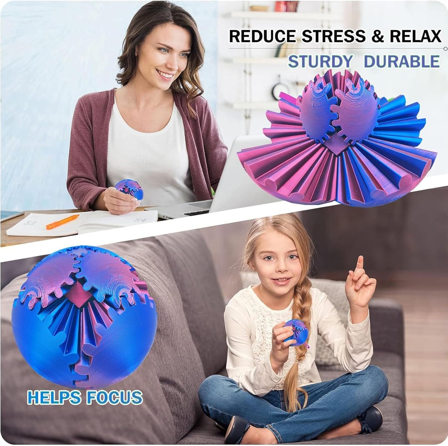 3D Printed Gear Ball, Gear Sphere Fidget Toy, Gear Ball Spin Ball or Cube Fidget Toy, Stress Ball, GearSphere Desk Toy for Stress and Anxiety Relaxin Kids Adult Birthday (Laser Violet)