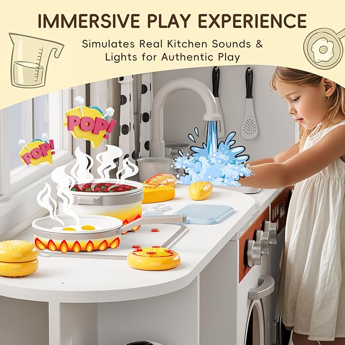 Wooden Play Kitchen with 180 Degree Rotation, Interactive Kids Corner Toy Kitchen Playset with Lights & Sounds, Toddler Kitchen Play Set with Realistic Accessories for Girls Boys Ages 3+, White