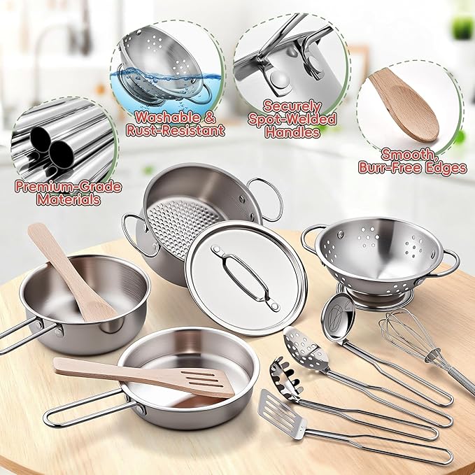 Play Kitchen Accessories, Large Stainless Steel Toddler Cooking Set, Kids Kitchen Playset with Cutting Play Food, Condiments, Chef Apron & Hat, Service Bell, Toy Food with 2 Baskets, Boys Girls Gifts.
