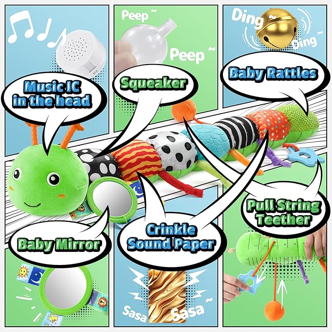 LIGHTDESIRE Baby Toys Musical Caterpillar,Infant Toys 3 6 12 Months Sensory Toy with Ruler Design,Mirror,Pull String,Crinkle&Ring Bell,Baby Teething Toy for Tummy Time Boy Girl Gifts (Lime Green)