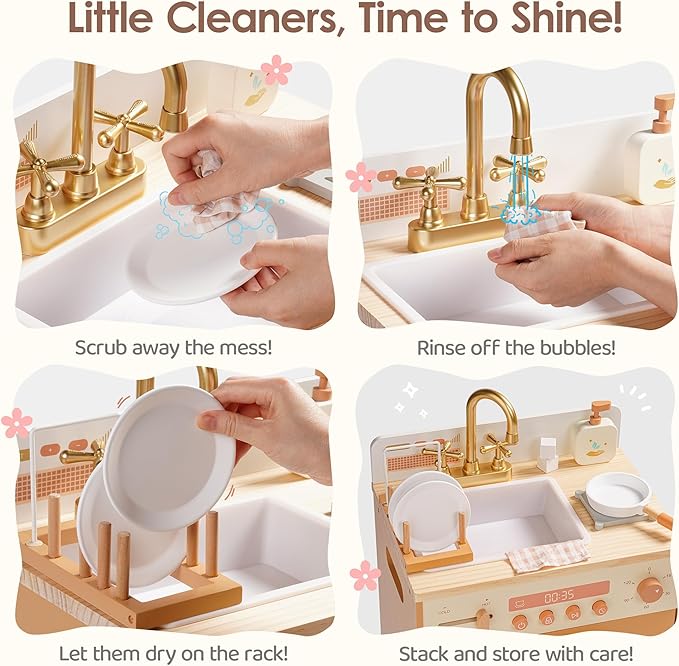 ROBOTIME Wooden Toy Dishwasher Sink – Caramel Pretend Kitchen Toy with Gold Faucet, Turning Knobs, Dish Rack, Plates, Bowls, Cups – Montessori Wooden Play Kitchen for Girls Ages 3+
