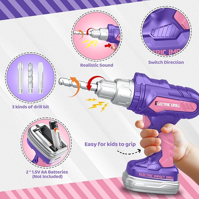 Kids Tool Set 46 PCS, Toddler Tool Set with Portable Tool Box & Power Toy Drill, Construction Toys Tools for Toddlers, Tool Kits for Girls Boys, Christmas Birthday Gifts for Kids Ages 3,4,5,6,7,8+