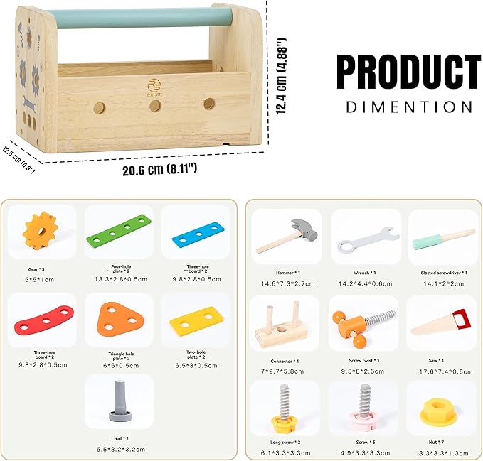 RAISUL Wooden Tool Set for Kids – 35 Pieces Wooden Toddler Tool with Box – Montessori STEM Educational Pretend Play Construction Toy for 3 to 13 Year Old Boys Girls – Best Birthday Gift