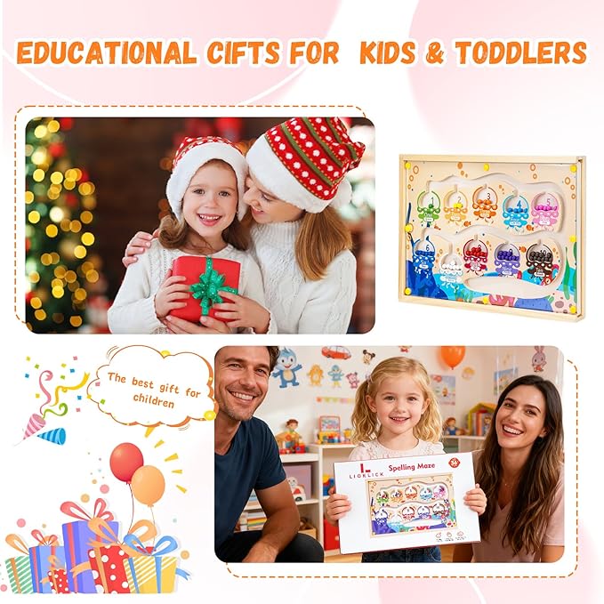 4 in 1 Wooden Montessori Toys with Storage Box for 3-5 Year Old- Magnetic Color and Number Maze, Alphabet Puzzles, Drawing Board, Toddlers Educational Learning Toy Gift for Kids Boys Girls