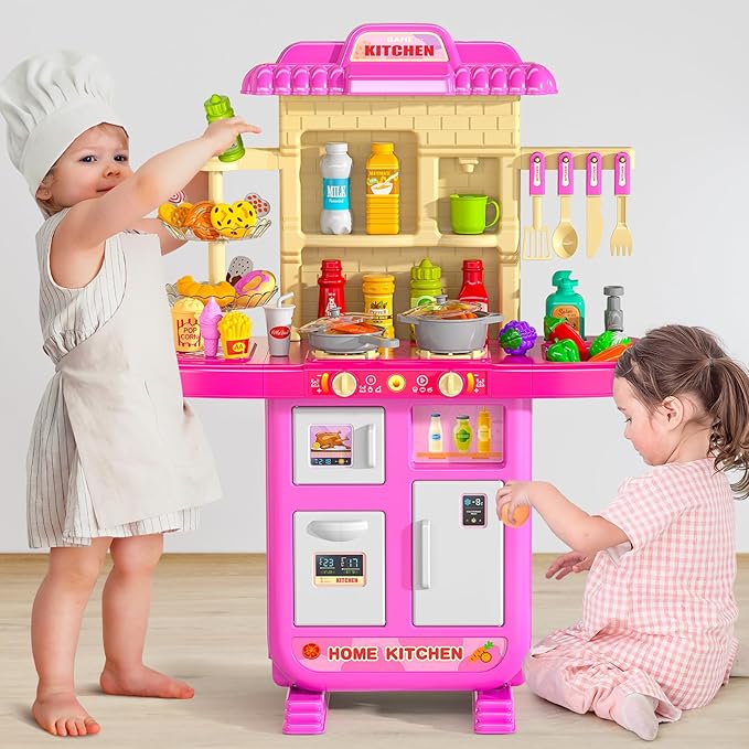 Play Kitchen Playset, Girls Kitchen Toys for Ages 2-6 4-8 with Light, Sound and Spraying, Sink Toy Accessories, Cooking Stoves, Pretend Food for Toddlers 1-3 3-5