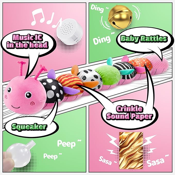 LIGHTDESIRE Baby Toys Musical Caterpillar,Infant Toys Stuffed Animals 3 6 12 Months Sensory Toy with Ruler Design,Crinkle&Ring Bell,Baby Teething Toy for Tummy Time Newborn Boy Girl Gifts (Pink)