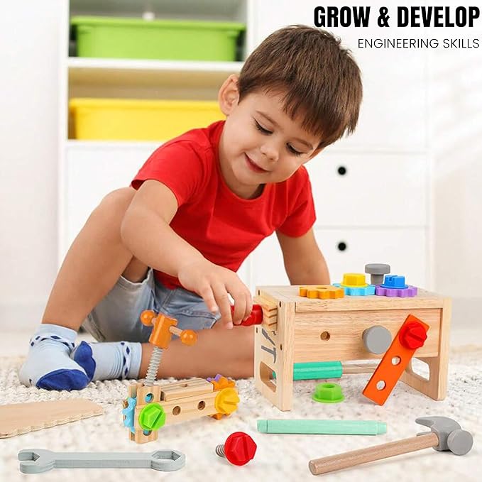Kids Tool Set – 35 Pieces Wooden Toddler Tool with Box – Montessori STEM Educational Pretend Play Construction Toy for 3 to 8 Year Old Boys Girls – Best Birthday Gift
