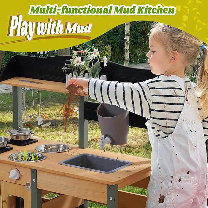 ROBUD Outdoor Mud Kitchen Set for Kids, Wooden Pretend Play Kitchen with Plant Growing Box, Real Faucet, Sink, Kitchen Accessories, Pretend Play for Kids Boys Girls Toys Age 3+