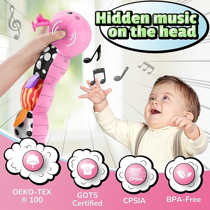 LIGHTDESIRE Baby Toys Musical Caterpillar,Infant Toys Stuffed Animals 3 6 12 Months Sensory Toy with Ruler Design,Crinkle&Ring Bell,Baby Teething Toy for Tummy Time Newborn Boy Girl Gifts (Pink)