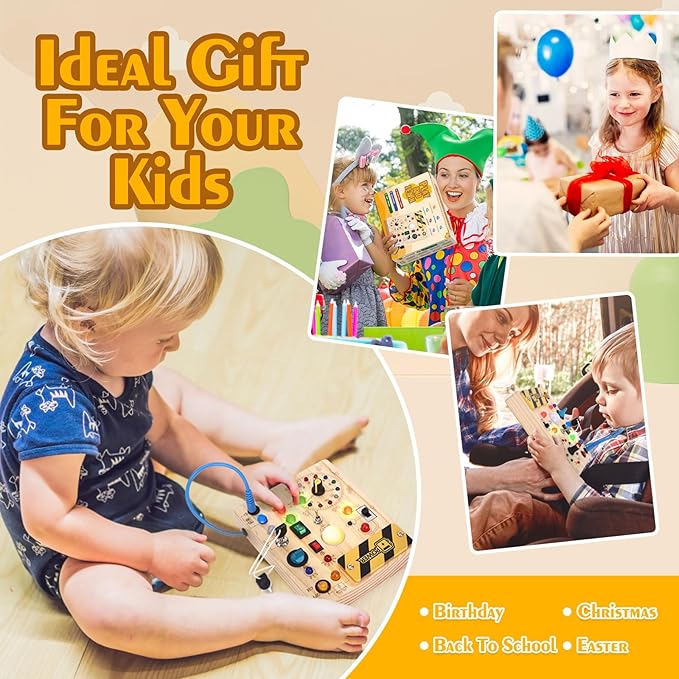 Hoarosall Montessori Toys Clock Wooden Busy Board with 11 LED Light switches, Tooddler Sensory Travel Toys for 1+ Year Old Baby and Toddler