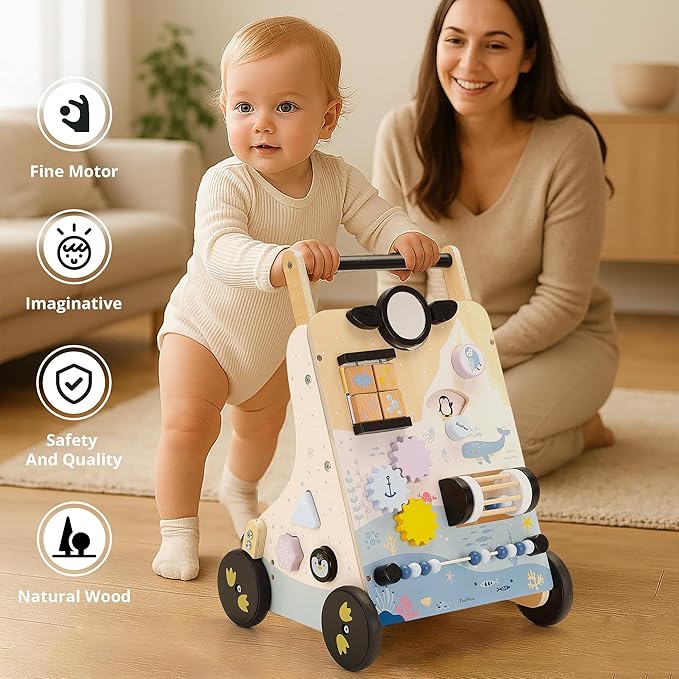 PairPear Polar Explorer Wooden Baby Walker, Montessori 9-in-1 Activity Push Walker Activity Center Toys with Adjustable Speed & Height, Penguin Mirror, Shape Sorter Learning Toys Gift for Toddler 1-3