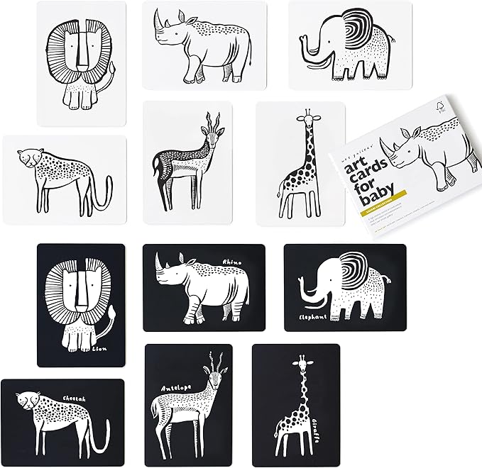 Wee Gallery Art Cards for Baby, Durable High Contrast Black and White Animal Flashcards for Newborns, Brain Development, Sensory Toys, Tummy Time Essentials for Infant and Toddler - Safari Animals