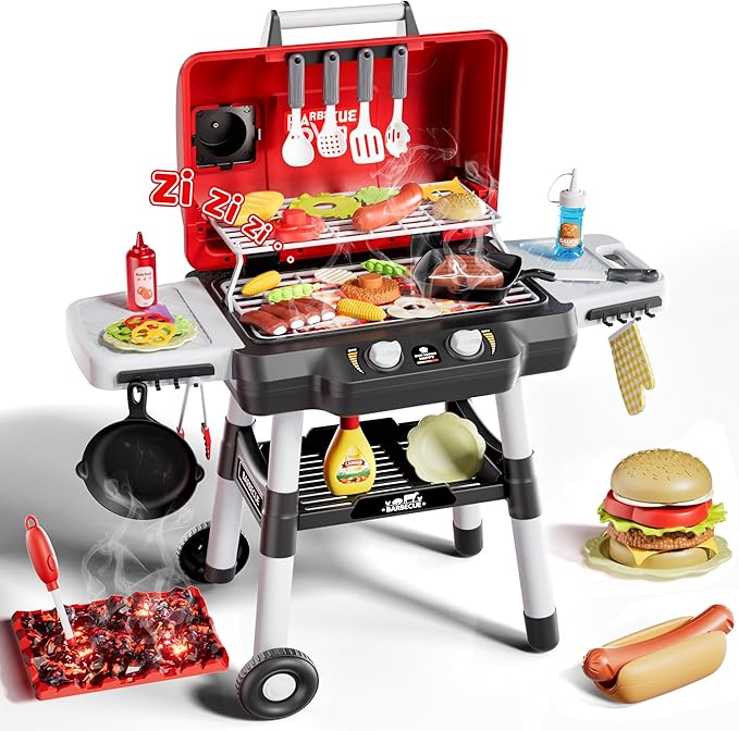 Kids Play Kitchen Toys, Kids BBQ Grill Playset，2-Tier Barbecue Toy with Wheels, Smoke Sound Light, Outdoor Play Food Toys Cooking Set, Birthday Gift for Toddlers 3-5