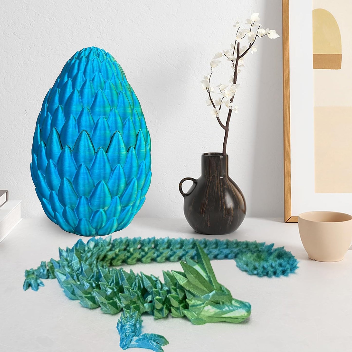 16.5 Inch 3D Printed Dragon with 6.1 Inch Dragon Eggs Fidget Toy ADHD Toys Executive Desk Toys Articulated Dragon Crystal Dragon Toys Home Office Decor(Blue-Green)