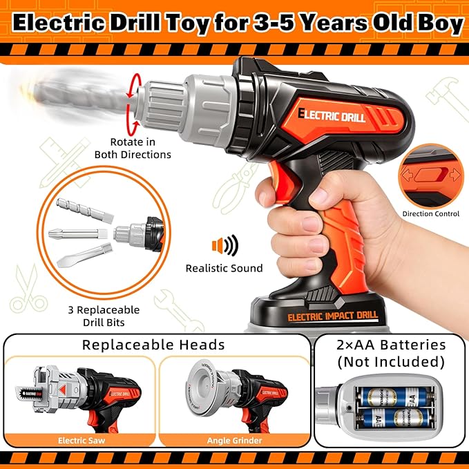 50PCS Kids Tool Set for Boys Ages 3 4 5 6 Years Old - Pretend Play Construction Tool Kits with Portable Tool Bag & Electronic Toy Drill, Toddler Tool Set, Christmas & Birthday Gifts for Boys